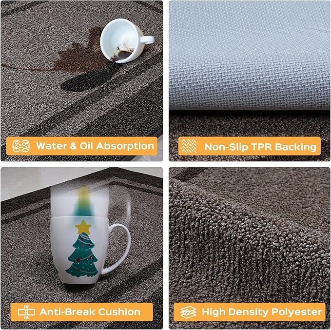 Kitchen Rugs Set (24" x 36"+24" x 60"), Non-Slip Machine Washable Kitchen Runner Rugs Floor Mats, Absorbent Comfort Standing Mat for Kitchen, Sink and Hallway, Rolled Packaging, Grayish Brown & Coffee