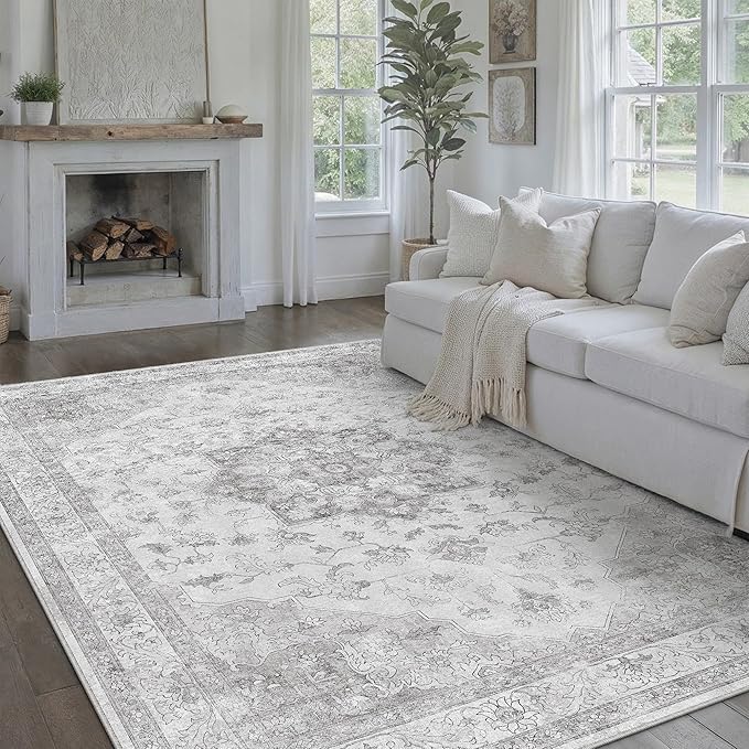 Grey Gray Area Rug 8x10 Washable Vintage Carpet for Living Room Bedroom Large Soft Retro Low Pile Thin Indoor Rug Non Slip Oriental Medallion Floor Cover for Dining Room Office