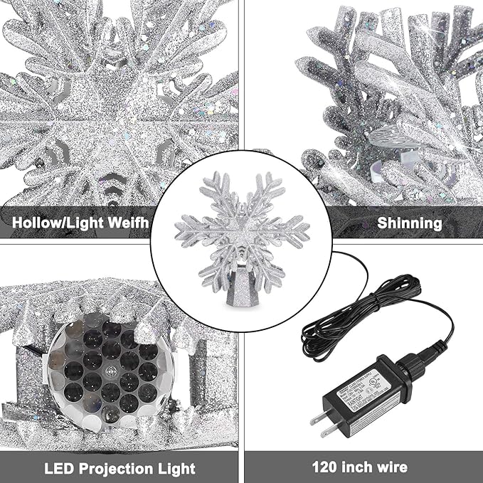 Christmas Tree Topper with 3D Snowfake Projector,fohuas LED Rotating Snowflake Xmas Festival Ornament Light Lamp,Glitter Sparkling Hollow Lighted Silver White Snow Tree-top Decoration
