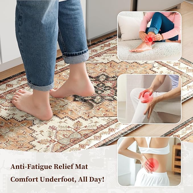 Boho Kitchen Mats for Floor 2 Piece Set Anti Fatigue Cushioned PVC Kitchen Rugs Non Slip Waterproof Farmhouse Mats 2/5 Inch Comfort Standing Mat for Sink, Laundry, Office, 17.3"x59"+17.3"x28", Orange