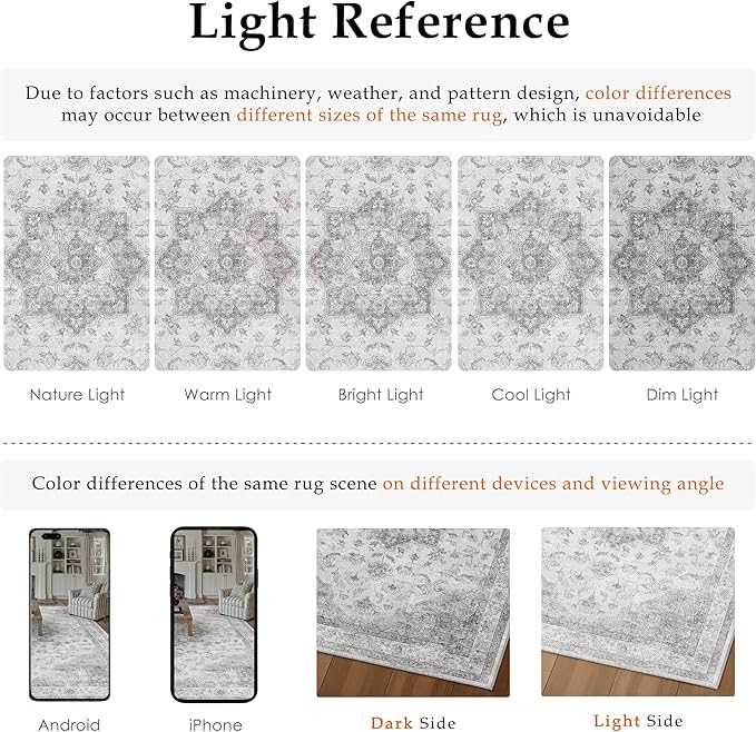Grey Gray Area Rug 6x9 Washable Vintage Carpet for Living Room Bedroom Large Soft Retro Low Pile Thin Indoor Rug Non Slip Oriental Medallion Floor Cover for Dining Room Office