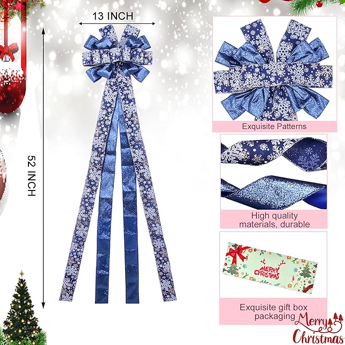 Christmas Tree Topper Wreath Bow Large Christmas Bow Tree Topper 52"x13" Dark Blue Snowflake Patterned Gift Bows for Xmas Holiday Home Wedding Thanksgiving Indoor/Outdoor Decoration