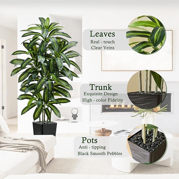 Artificial Dracaena Tree：6FT Faux Silk Tropical Yucca Floor Trees Realistic Fake Green Plant with Natural Wood Trunk & Lifelike Leaves for Home Office Decor Indoor & Outdoor (6FT,1-Pack,Black)