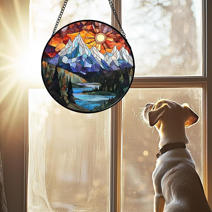 Stained Glass Window Hanging - Colorful Mountain Lake Landscape Sun Catcher for Door Garden Home Decor Suncatcher Christmas Mother's Day Birthday Gifts for Women Men Mom Nana 7.8 in