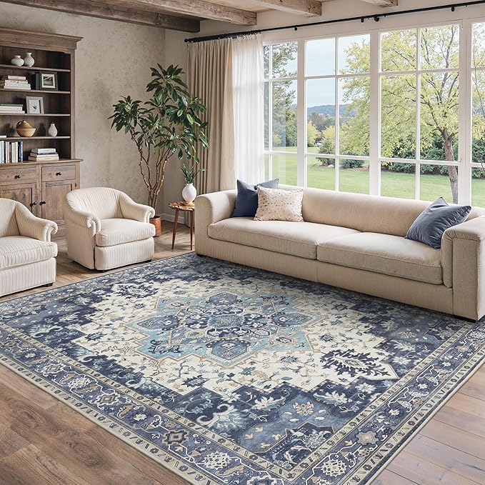 8x10 Area Rugs for Living Room, Machine Washable Non Slip Vintage Rugs, Low Pile Lightweight Print Rug for Bedroom, Dining Room, Home Office,Center Blue