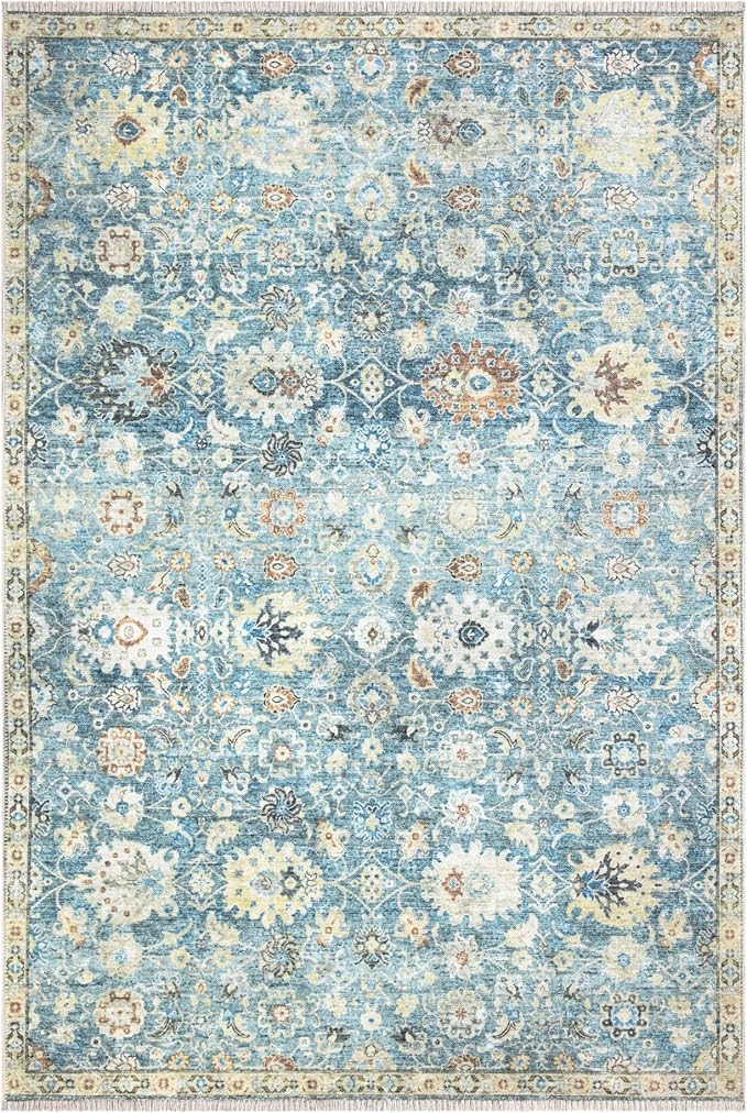 Bloom Rugs Caria Washable Non-Slip 6x9 Rug - Blue/Beige Traditional Area Rug for Living Room, Bedroom, Dining Room, and Kitchen - Exact Size: 6' x 9'