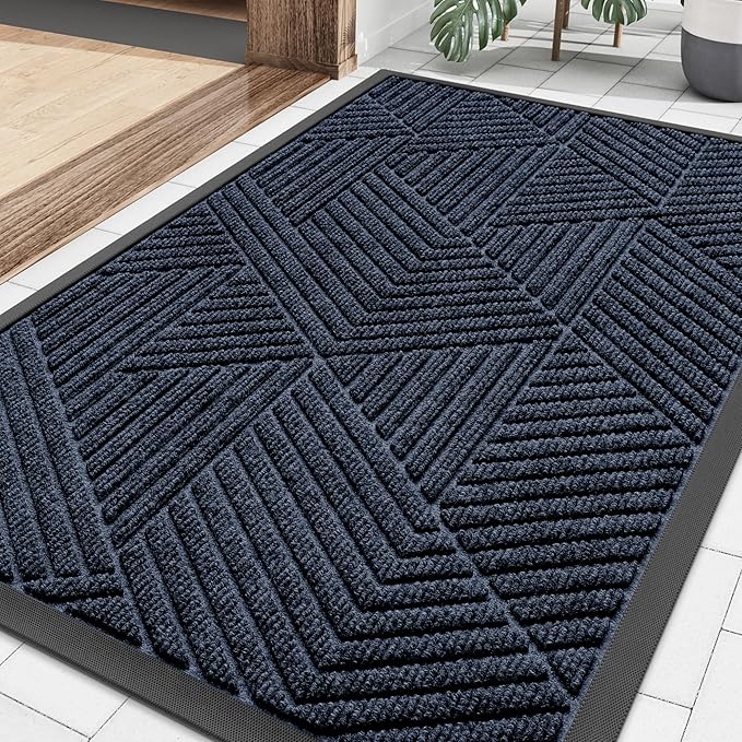 Smiry Front Door Mat Outside Entrance, Heavy Duty Sturdy Natural Rubber Doormat, Trap Dirt and Moisture, Easy Clean Low Profile Mats for Indoor Outdoor Entry, Irregular Triangle (29.5x17, Navy Blue)