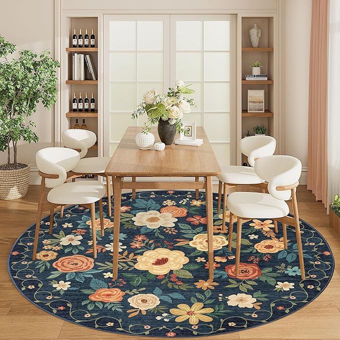 DUKINO Floral Round Rug, 6ft Washable Circle Rug, Non Slip Indoor Low Pile Circle Rug, Soft Small Boho Design Carpet for Bedroom, Entryway, Living Room, Dining Room, Dark Blue