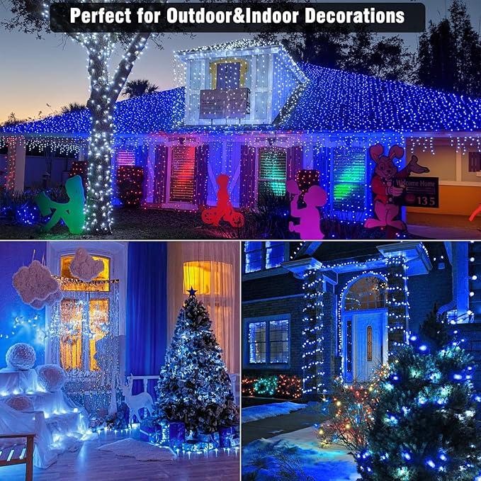 328FT 1000 LED Christmas Lights Outdoor - 8 Modes Christmas String Lights Clear Wire with Time Memory, Waterproof Plug in Fairy String Lights for Indoor Outdoor Home Party Garden Decoration, Blue