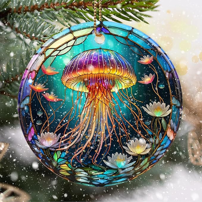 Stained Ceramic Jellyfish Ornament - Jellyfish Christmas Ornaments - Christmas Tree Ornaments - Christmas Decorations - Jellyfish Decor for Office, Room, Home - Holiday Present Ideas