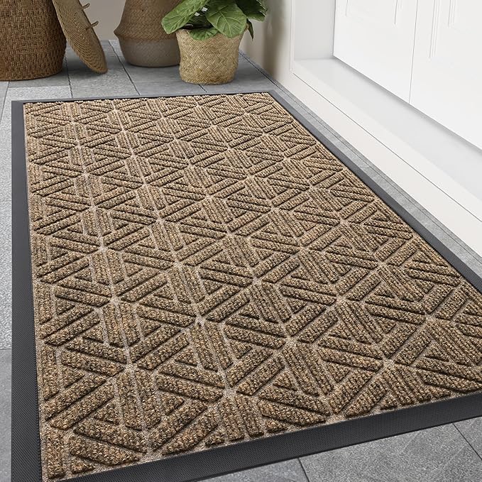 Smiry Front Door Mat Outside Entrance, Heavy Duty Sturdy Natural Rubber Doormat, Trap Dirt and Moisture, Easy Clean Low Profile Mats for Indoor Outdoor Entry, Grid Geometric (59x34, Brown)