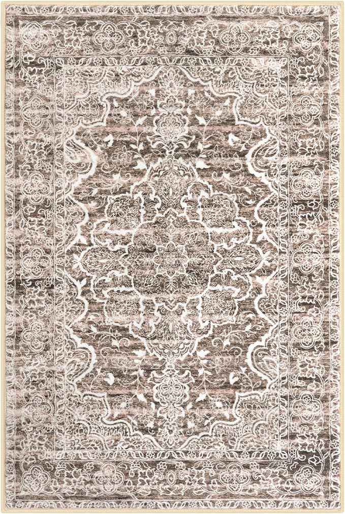 KUTA Vintage Floral Rugs 2x3 Washable Entryway Small Area Rug Non-Slip Ultra Soft Brown Doormat Indoor Printed Retro Distressed Accent Kitchen Throw for Entrance Bedroom