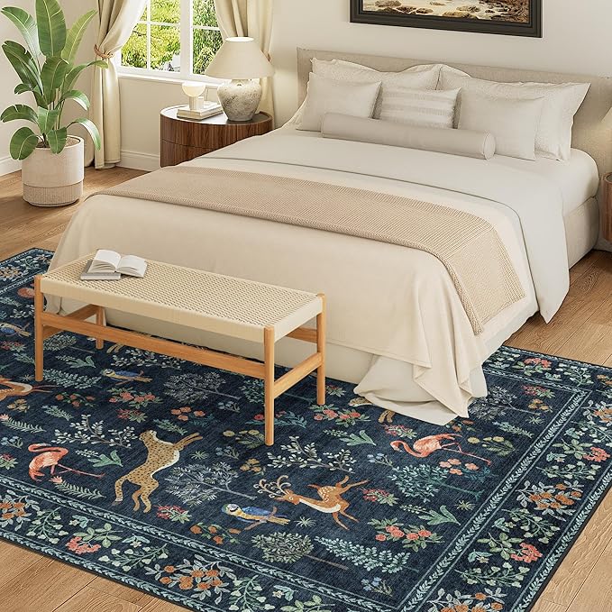 DUKINO 6x9 Rug, Washable Animal Living Room Rug with Non Slip Vintage Design, Soft Low Pile Large Carpet for Bedroom, Nursery, Dining Room, Farmhouse, Playroom, Navy Blue