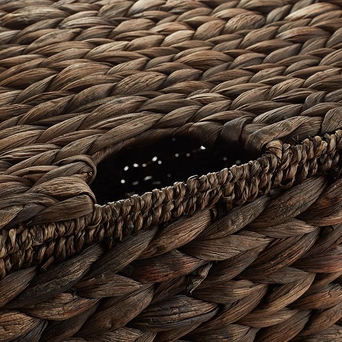 Casafield Set of 3 Water Hyacinth Rectangular Storage Baskets with Lids (Espresso - Small/Medium/Large) for Bedroom, Bathroom, Laundry, Home Office
