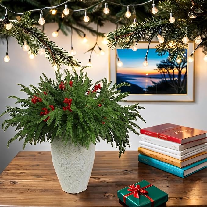 12 Pcs Artificial Norfolk Pine Branches with 8PCS red Fruits 18" Plastic Christmas Plants Decor Faux Greenery Stems Pine Picks Outdoor Faux Plants for Xmas Indoor, Front Porch Home Decor