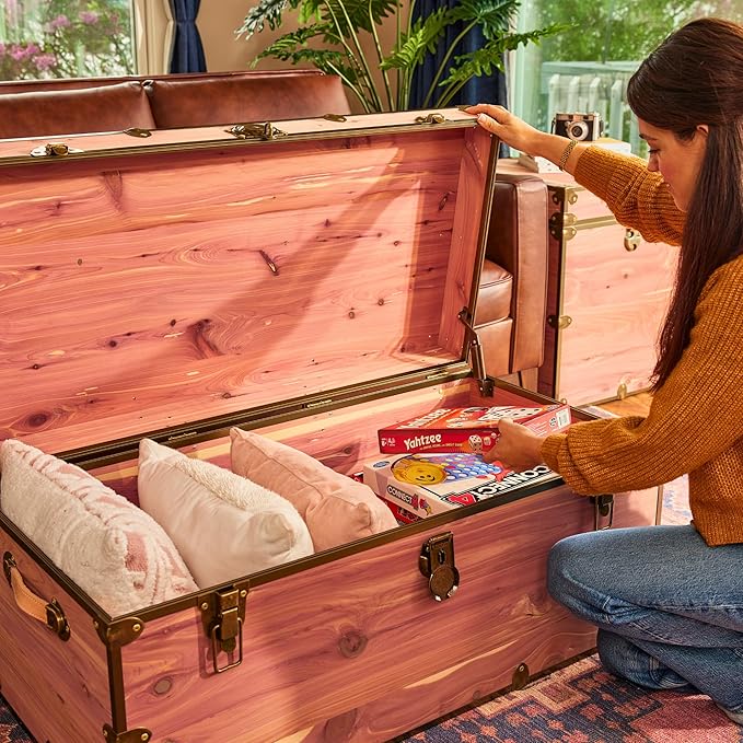 Rhino Trunk & Case Knotty Cedar Chest with Antique Brass Hardware – 36"x18"x18" XXL Storage Box, Coffee Table, End of Bed Trunk or Entryway Storage Bench Furniture – USA-Made, Heirloom Aesthetic