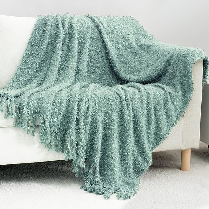 Knit Throw Blanket Fluffy Fuzzy Soft Lightweight Cozy Farmhouse Tassels Chunky Knitted Throws for Couch Sofa Bed (Sage Green, 50"x60")