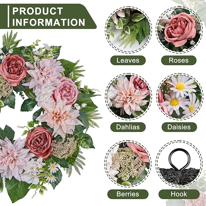 24 Inch Spring Wreath for Front Door with Roses Dahlias Silk Flowers with Berry Greenery for All Seasons Indoor Outdoor Porch Wedding Wall Farmhouse Porch Wall Living Room Home Widding Decor