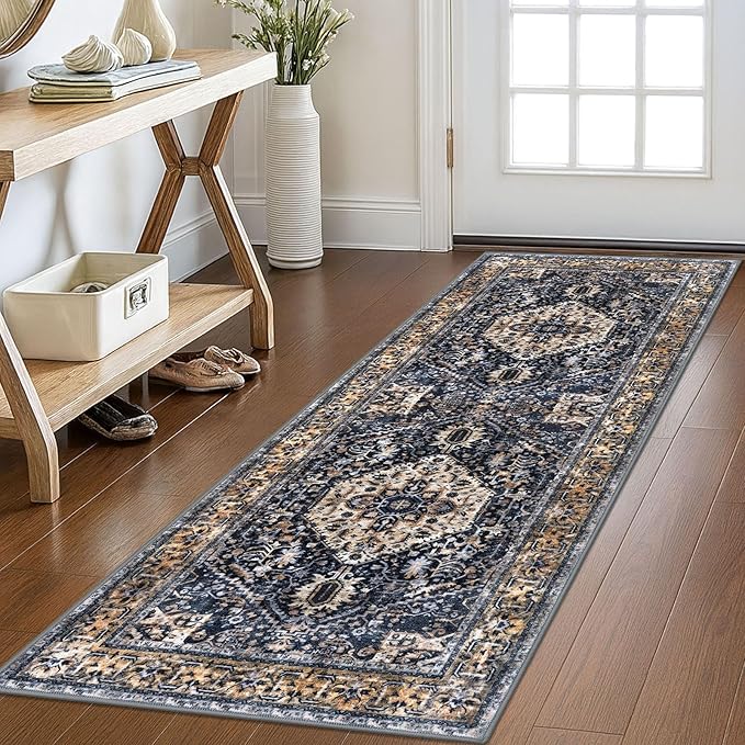 KOZYFLY Runners for Hallways 2x6 Ft Washable Kitchen Runner Rug Boho Runner Rug for Entryway Indoor Gold Navy Printed Oriental Faux Wool Floor Carpet Runner for Bedroom Kitchen Hall
