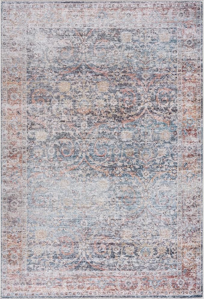 Bloom Rugs Caria Washable Non-Slip 9x12 Rug - Ocean Blue/Brick Traditional Area Rug for Living Room, Bedroom, Dining Room, and Kitchen - Exact Size: 9' x 12'