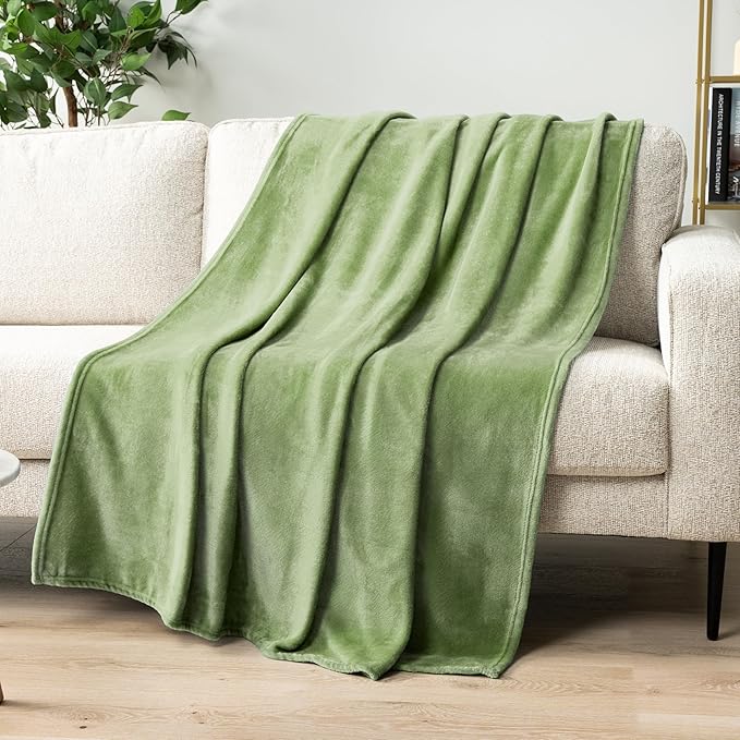 PAVILIA Sage Green Fleece Throw Blanket for Couch Twin Size, Light Olive Super Soft Fuzzy Flannel Throw for Sofa, Luxury Plush Microfiber Blanket Twin Bed, Home Decorative Velvet Gift Blanket, 60x80