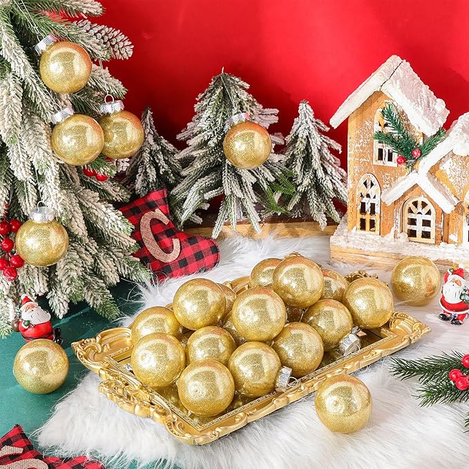 Soaoo 24 Pcs Christmas Ball Ornament 2.36 Inch Shatterproof Glitter Ball for Christmas Tree Decoration Small Hanging Xmas Tree Ornament for Xmas Holiday Wedding Party(Gold)