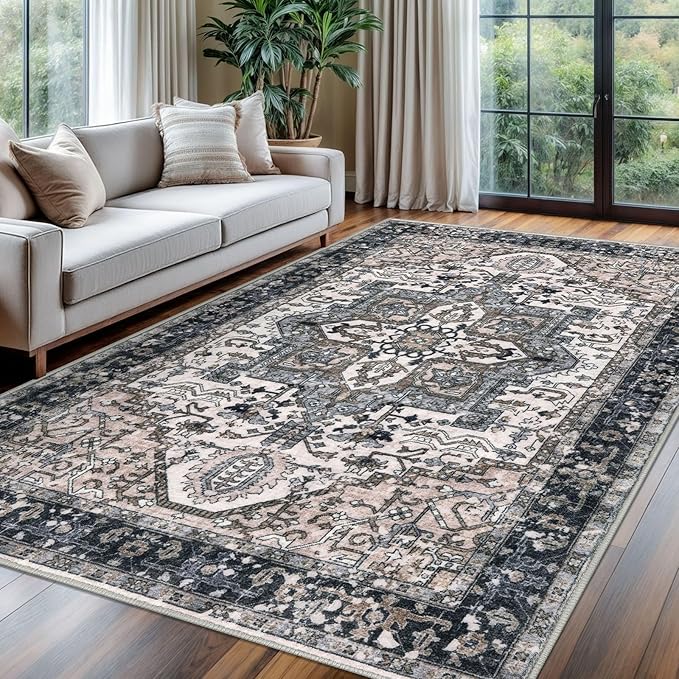 KOZYFLY Boho Area Rug 6x9 Ft Thin Washable Rugs for Bedroom and Living Room Faux Wool Printed Throw Carpet Non Slip Rug for Entryway Kitchen Dining Room, Black/Taupe/Beige