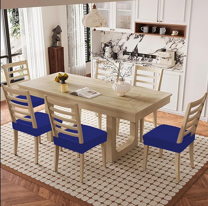 Smiry Waterproof Seat Covers for Dining Room Chairs Set of 8, Stretch Jacquard Removable Washable Chair Seat Slipcovers Protector, No Rear Covers, Royal Blue
