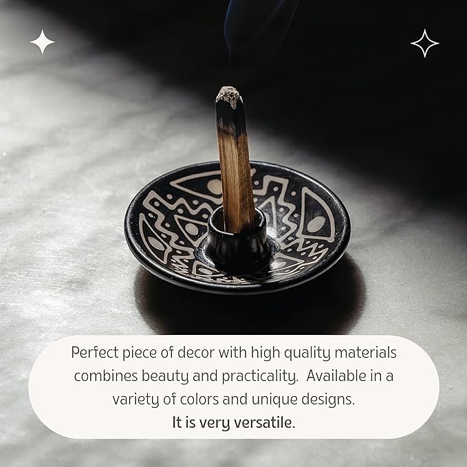 Luna Sundara Authentic Peru Pottery Palo Santo Stick Holder and Incense Holder with 5 Palo Santo Sticks Handmade Ceramic Smudge Bowl Sage Holder Black and White Gift Set