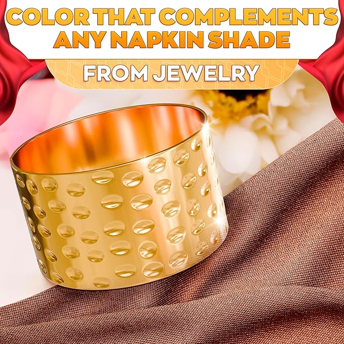 Valentine Hammered Gold Napkin Rings Set of 12 - Classic & Reusable Metal Napkin Ring Holders 1.8"x1.1" for Banquets, Weddings, Family and Holiday Gatherings, Gift Giving & Valentine Table Decoration