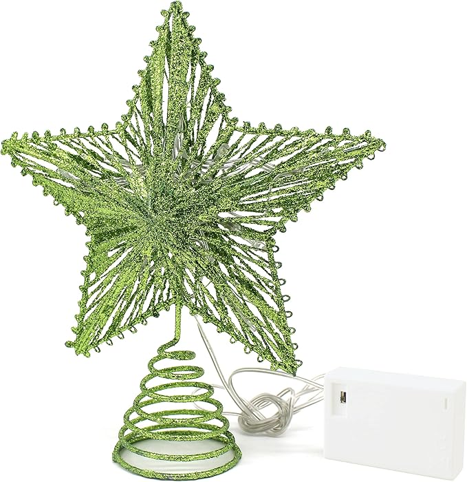 CVHOMEDECO. Green Glittered 3D Tree Top Star with Warm White LED Lights and Timer for Christmas Tree Decoration and Holiday Seasonal Décor, 8 x 10 Inch
