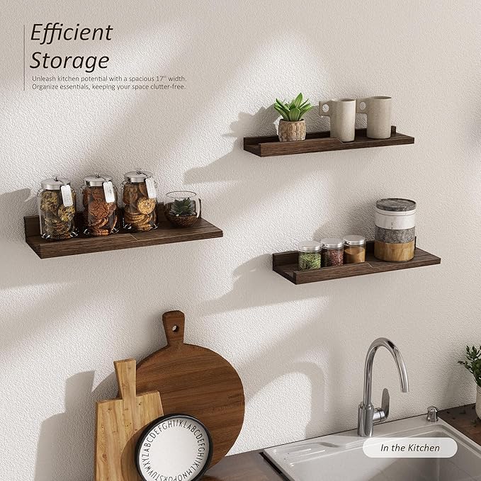 Rebee Vision Rustic Floating Shelves Set of 3 : Farmhouse Wood Bathroom Decor Wall Mounted for Display Storage and Small Hanging Shelf for Bedroom, Laundry Room, Kitchen, Office (Carbonized Brown)