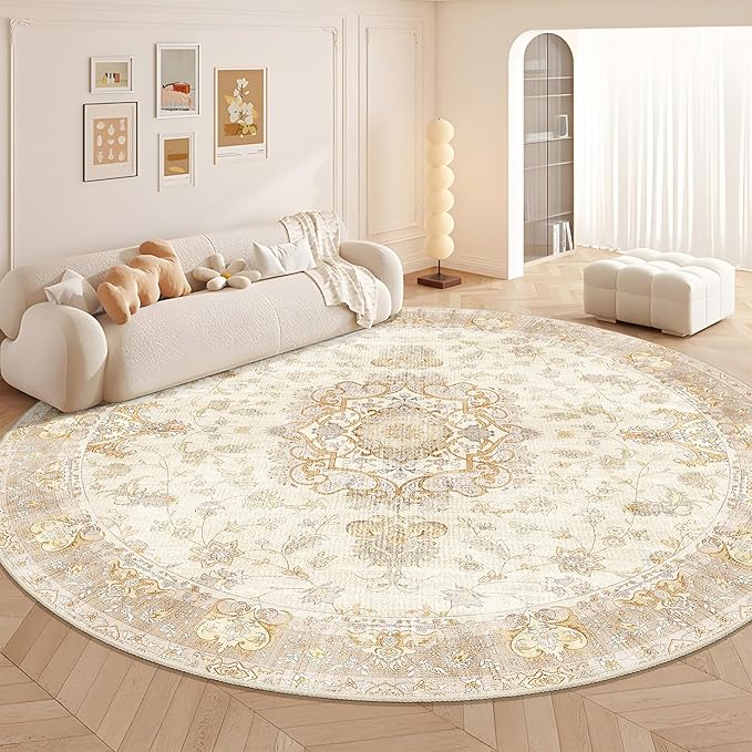 Large Boho Round Rug 9ft, Beige Circle Area Rugs for Bedroom Living Room,Washable Vintage Bohemian Distressed Oriental Floral Carpet Non Slip,Retro Gold Floral