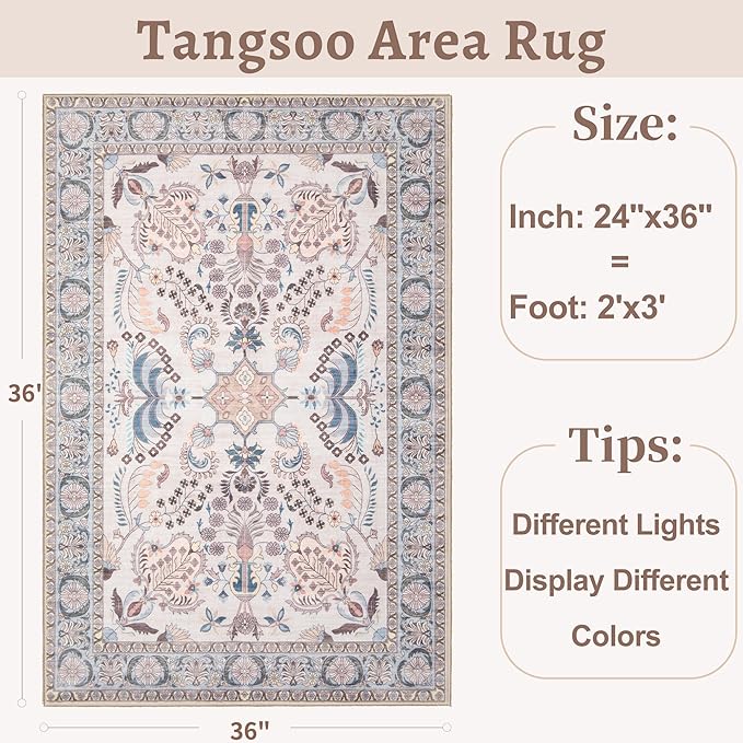 Tangsoo 2x3 Small Rug for Entryway, Washable Area Entry Rug Non Slip, Persian Neutral Low Pile Soft Area Rugs, Indoor Front Door Boho Floral Throw Rugs for Entrance Kitchen Bedroom Bathroom Home Decor