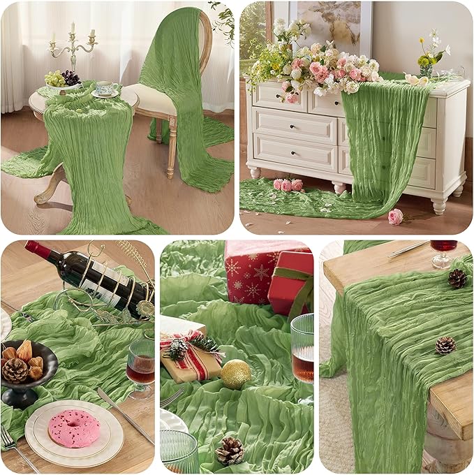 12 Pack Sage Green St.Patrick's Day Cheesecloth Table Runners 120 Inch Boho Rustic Gauze 10 FT Cheese Cloths Table Decorations for Spring Summer Birthday Party Baby Shower Wedding Holiday Home Decor