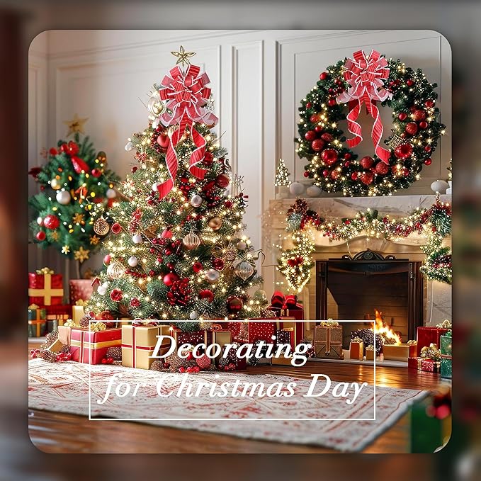 Wreath Bow Large Red Tree Topper，Burlap with White Polyester Edge Gift Bow for Wedding Party Holiday Home Indoor Outdoor Decoration