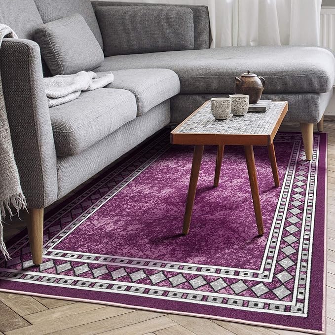 Antep Rugs Alfombras Modern Bordered 5x7 Non-Skid (Non-Slip) Low Profile Pile Rubber Backing Indoor Area Rugs (Purple, 5' x 7')