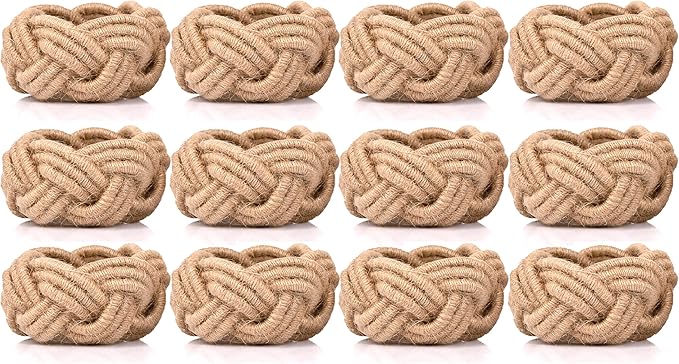 Nautical Jute Napkin Rings - Handmade Rustic Woven Coastal & Farmhouse Table Decor for Dining, Weddings, Parties & Home Entertaining - Napkin Rings Set of 12 (Brown) - ALPHA Living HOME