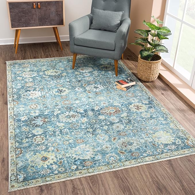 Bloom Rugs Caria Washable Non-Slip 6x9 Rug - Blue/Beige Traditional Area Rug for Living Room, Bedroom, Dining Room, and Kitchen - Exact Size: 6' x 9'