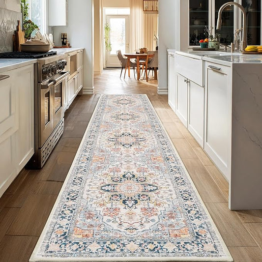 XWZO Runner Rug 2x10ft for Long Hallways, Washable Non-Slip Low Pile Area Rug with Rubber Backing, Spill Resistant Soft Vintage Floor Carpet for Kitchen Entryway Stair Landing Living Room, Colorful