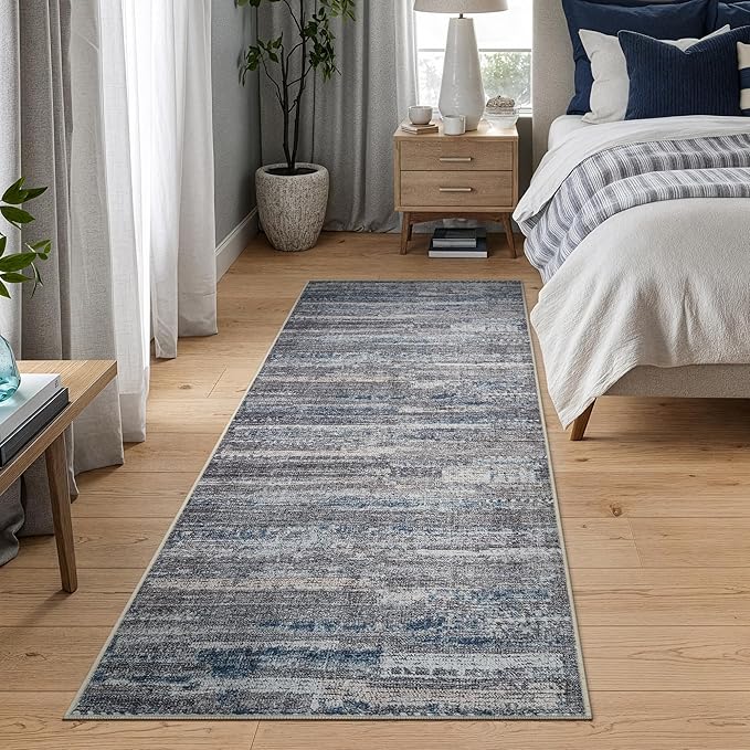 Bloom Rugs Washable Non-Slip 12 ft Runner - Gray/Blue/Blush Modern Abstract Runner for Entryway, Hallway, Bathroom, and Kitchen - Exact Size: 2.5' x 12'