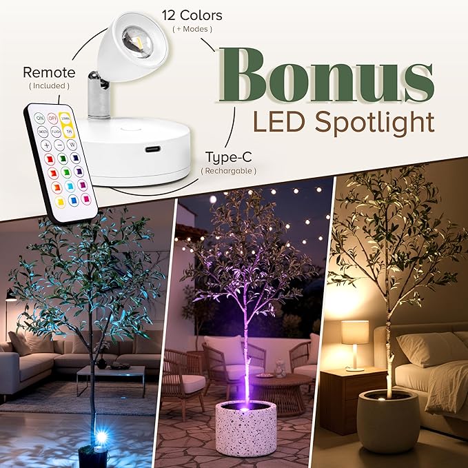 Olive Trees Artificial Indoor 6FT Tree with Rechargeable LED Spotlight, Decorative Moss & Weighted Pot – Tall Realistic Olive Plant for Home, Office, or Event Décor (6FT)