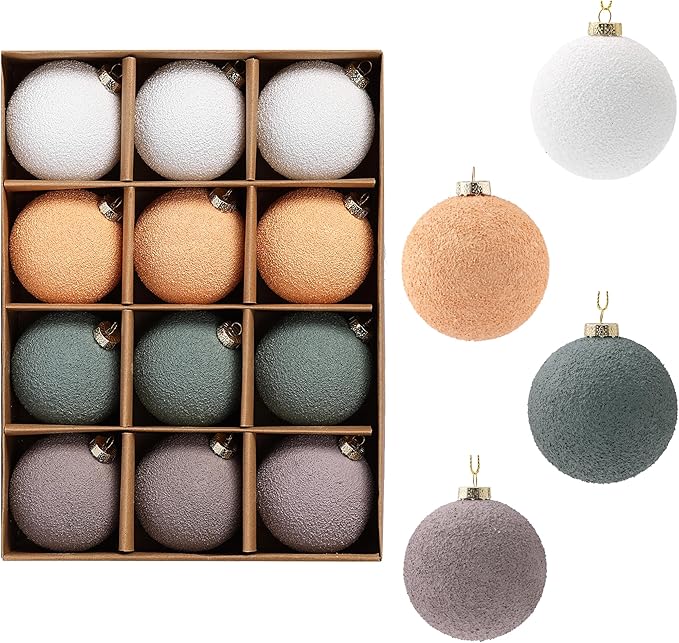Christmas Ornaments Set 12PCS - 2.4 Inch Textured Shatterproof Vintage Neutral Ball Ornaments for Tree Rustic Farmhouse Decor