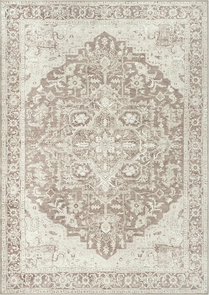 Bloom Rugs Washable Non-Slip 9' x 12' Rug - Light Brown Traditional Medallion Area Rug for Living Room, Bedroom, Dining Room, and Kitchen - Exact Size: 9' x 12'