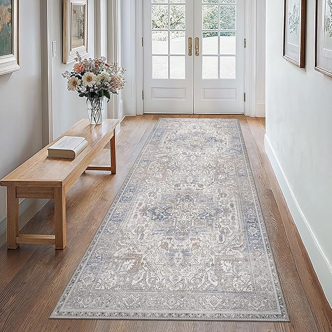 GENIMO 2'6"x8 Runner Rugs for Hallway, Machine Washable Non Slip Vintage Retro Rugs, Low Pile Lightweight Thin Print Rug for enrtyway, Corridor, Home Office, Kitchen, Khaki Blue