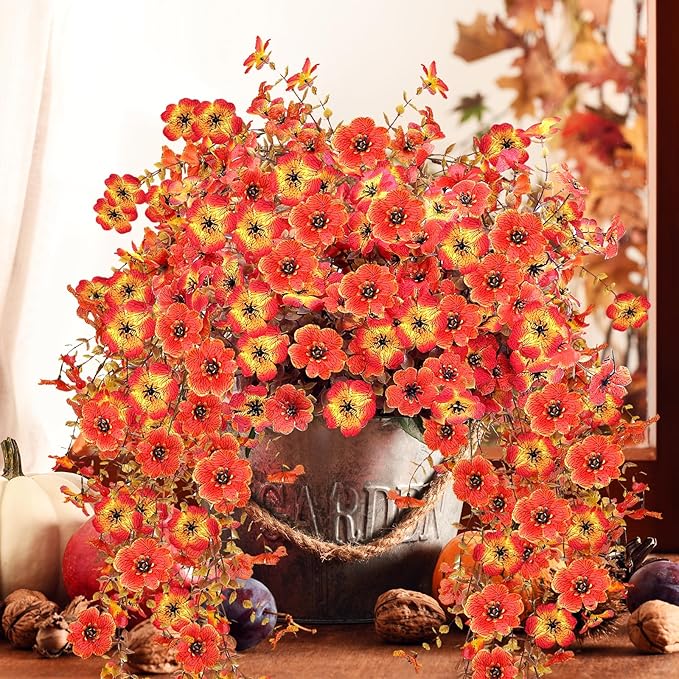 Outdoor Artificial Fall Flowers 6PCS, All Weather Fade Proof, UV Resistant Waterproof Realistic Faux Silk Mums Daisies Orange & Sunset Red for Hanging Planters Porch Patio Balcony Deck & Garden Decor