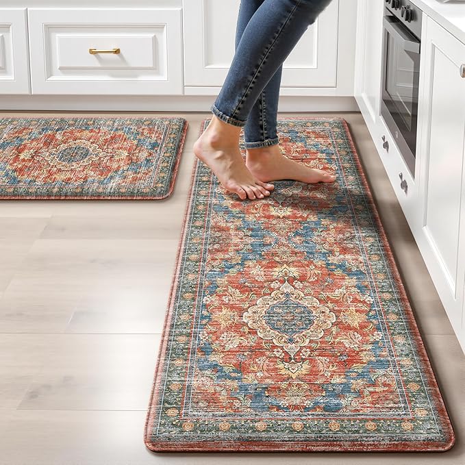 Boho Kitchen Mats for Floor 2 Piece Set Anti Fatigue Cushioned PVC Kitchen Rugs Non Slip Waterproof Farmhouse Mats 2/5 Inch Comfort Standing Mat for Sink, Laundry, 17.3"x59"+17.3"x28", Retro Red