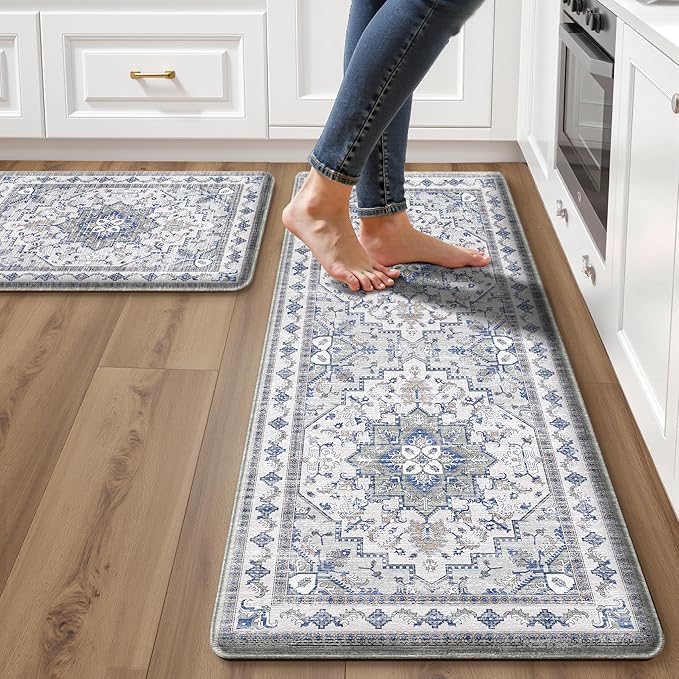 Boho Kitchen Mats for Floor 2 Piece Set Anti Fatigue Cushioned PVC Kitchen Rugs Non Slip Waterproof Farmhouse Mats 2/5 Inch Comfort Standing Mat for Sink, Laundry, 17.3"x47"+17.3"x28", Blue Grey