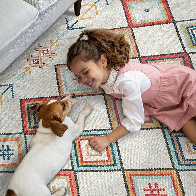 GENIMO Machine Washable 5x7 Area Rugs for Living Room, Non Slip Vintage Rugs, Low Pile Lightweight Chenille Print Rug for Bedroom, Dining Room, Home Office, Rainbow
