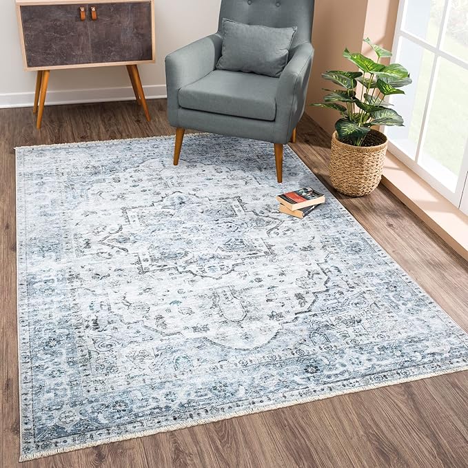 Bloom Rugs Caria Washable Non-Slip 5x7 Rug - Ivory/Blue/Gray Traditional Area Rug for Living Room, Bedroom, Dining Room, and Kitchen - Exact Size: 5' x 7'